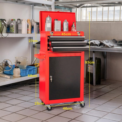Professionele gereedschapswagen met 3 uittrekbare laden en afsluitbare kast voor garage en werkplaats, frame van gelakt metaal, gemakkelijk te verplaatsen (rood)