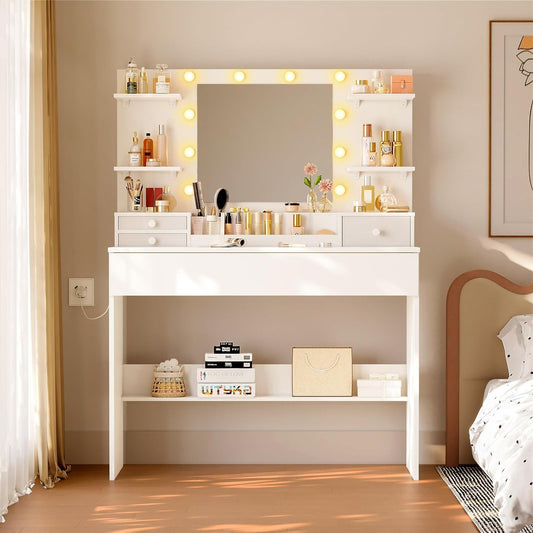 Make-up Tafel – Make-up Bureau – Toiletspiegel – Beautytafel – Schoonheidstafel – LED Spiegel met 10 Dimbare Lampen – 3 Kleuren & 9 Helderheidsniveaus – Laden en Gezoneerde Opslag – Wit 100x40x136 cm