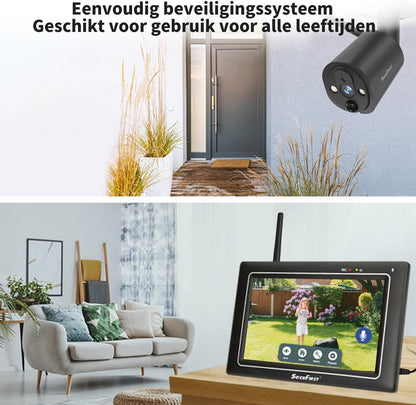 SecuFirst 2K Draadloze bewakingscamera voor buiten, set met monitor, 4 x buitencamera's, videobewaking + 7 inch touchscreen, NVR-beeldscherm, met PIR AI bewegingsmelder, 64 GB SD-kaart.