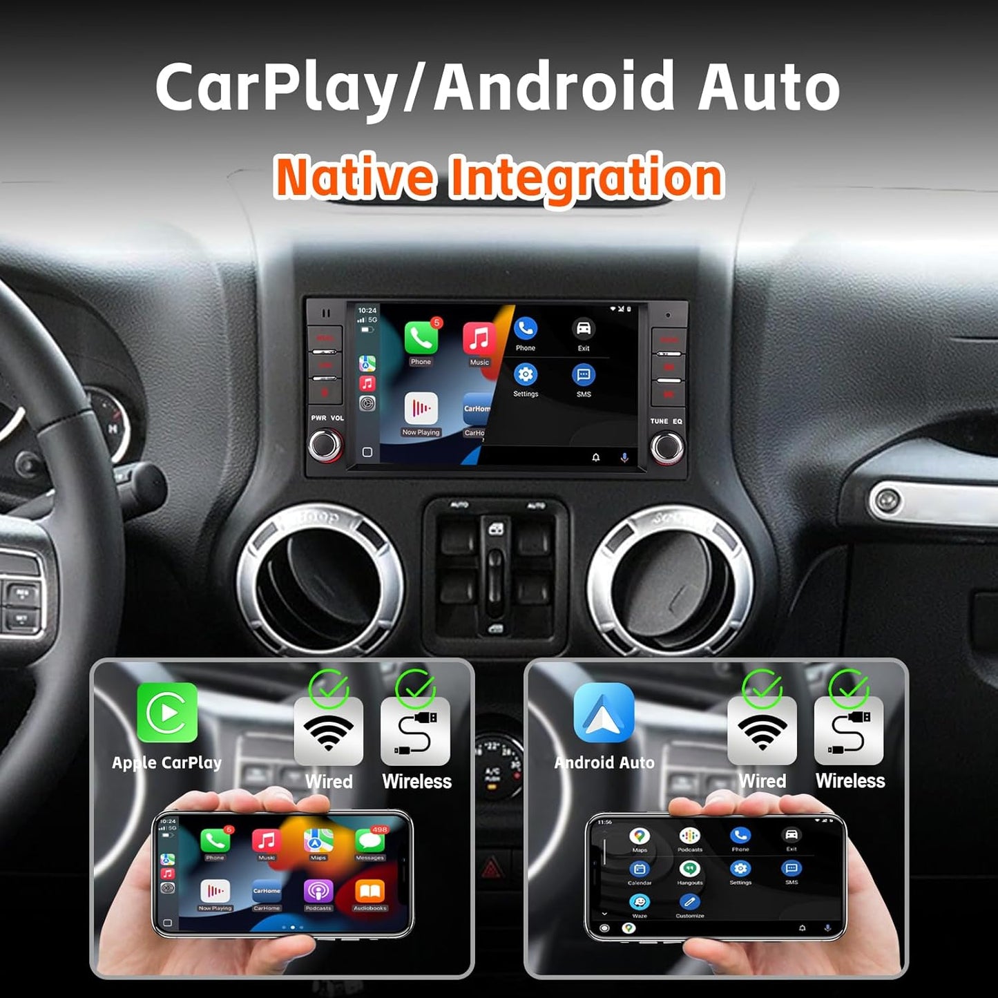 autoradio met draadloze CarPlay & Android Auto | Compatibel met Jeep Wrangler Commander Dodge Chrysler | Linux-systeem | 3S snelstart | OEM-geluidskwaliteit | IPS-touchscreen