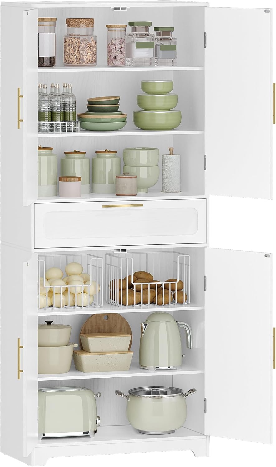 Hzuaneri High Dresser with 4 Doors, Kitchen Cabinet with Drawer, Adjustable Shelf, for Living Room, Kitchen, Dining Room, 40 x 75 x 181 cm, White PT18103XEU