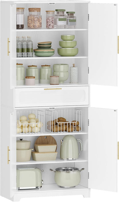 Hzuaneri High Dresser with 4 Doors, Kitchen Cabinet with Drawer, Adjustable Shelf, for Living Room, Kitchen, Dining Room, 40 x 75 x 181 cm, White PT18103XEU