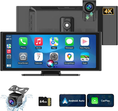 Android Auto Display 10,26 inch IPS Touchscreen CarPlay Display met 4K dashcam en 1080p achteruitrijcamera loop-opname draagbare autoradio met navigatie spiegel link 64G TF