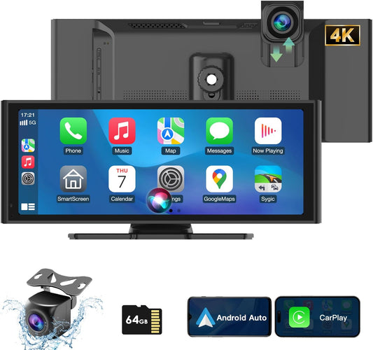 Android Auto Display 10,26 inch IPS Touchscreen CarPlay Display met 4K dashcam en 1080p achteruitrijcamera loop-opname draagbare autoradio met navigatie spiegel link 64G TF