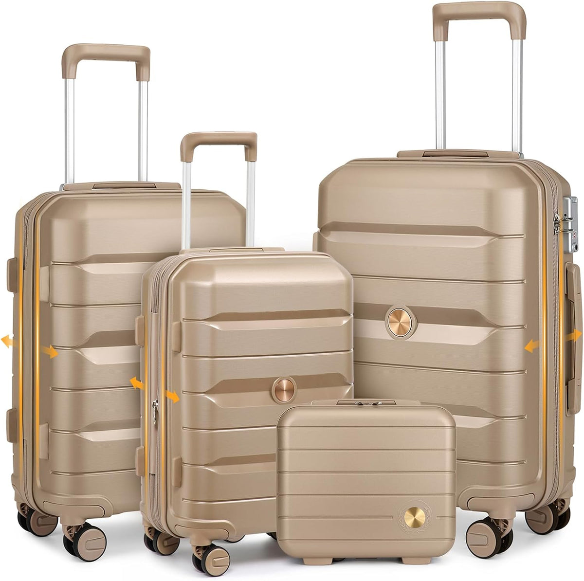 Sea choice Kofferset 4st Handbagage Trolley Koffer met Beautycase Harde Schaal Polypropyleen Reiskoffer TSA slot 4 dubbele Wielen S-M-L-XL (Kofferset 3(Uitbreidbaar), Edel Goud)
