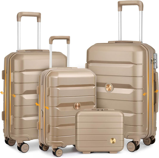 Sea choice Kofferset 4st Handbagage Trolley Koffer met Beautycase Harde Schaal Polypropyleen Reiskoffer TSA slot 4 dubbele Wielen S-M-L-XL (Kofferset 3(Uitbreidbaar), Edel Goud)