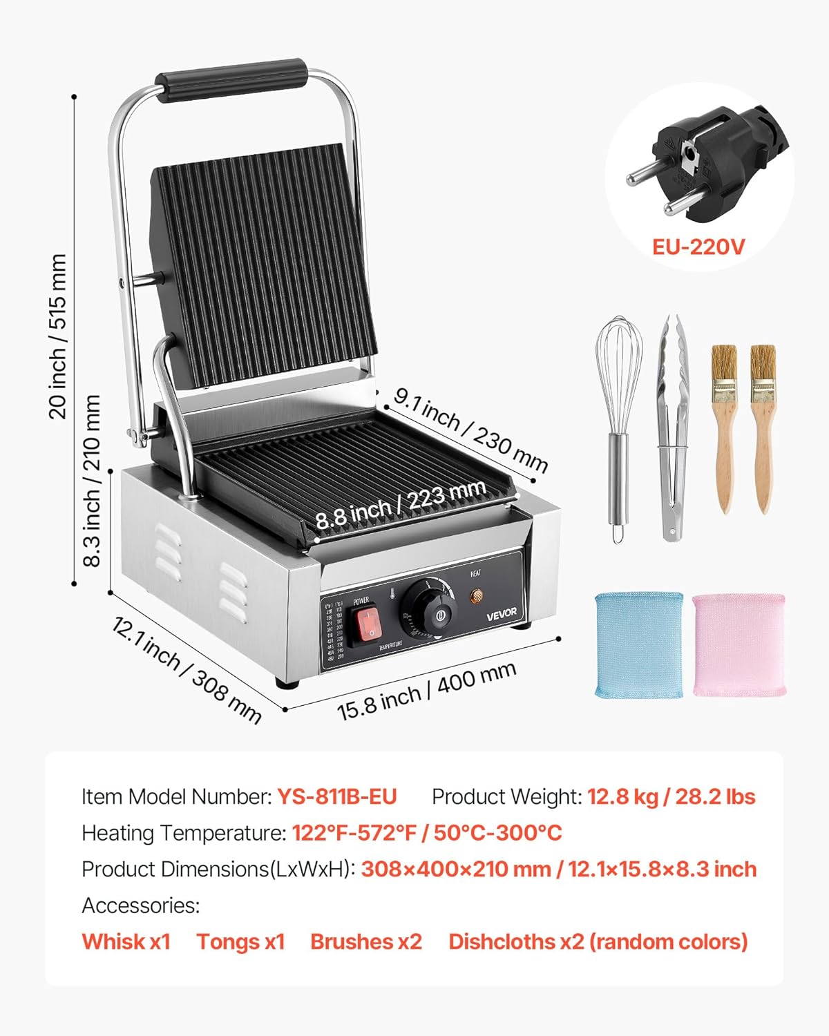 VEVOR Panini Panini Elektrische grillplaat, 1800 W, van roestvrij staal met handvat en temperatuurregeling, geribbeld, geëmailleerd, plat, 22 x 23 cm, voor steak en pancetta