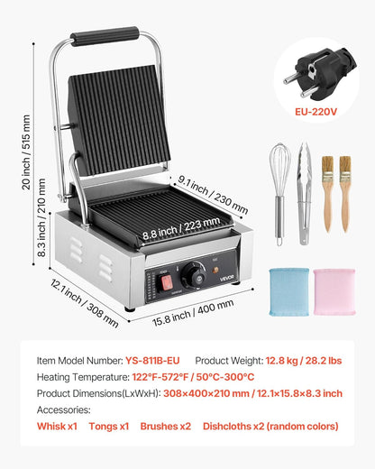 VEVOR Panini Panini Elektrische grillplaat, 1800 W, van roestvrij staal met handvat en temperatuurregeling, geribbeld, geëmailleerd, plat, 22 x 23 cm, voor steak en pancetta