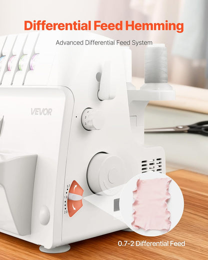 VEVOR Serger Overlock naaimachine, 1250 steken per minuut, 2-3-4 draadvermogen, 0,7-2 instelbare differentiële voeding, met vrije arm en ledlicht, naaimachine voor verschillende stoffen, wit