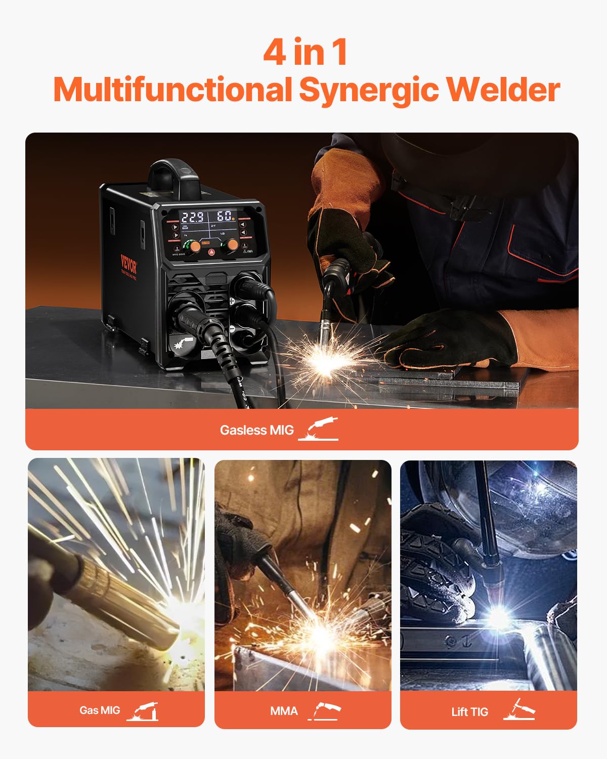 VEVOR MIG Soldering Station, 200A, Syergetic Welding Machine, Portable Multi-Process, MIG, Gas Free, MMA Lift TIG, 4-in-1, Powerful Welder with IGBT Inverter Technology, LCD Display