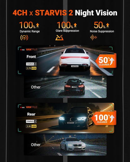 VANTRUE N5S 4-kanaals STARVIS 2 dashcam auto 2.7K + 1080P + 1080P + 1440p voor binnen en achter, HDR+ WDR dashcam 5G WLAN, spraakbesturing dashcams, GPS, 24 uur buffer parkeermodus, LTE optioneel, max