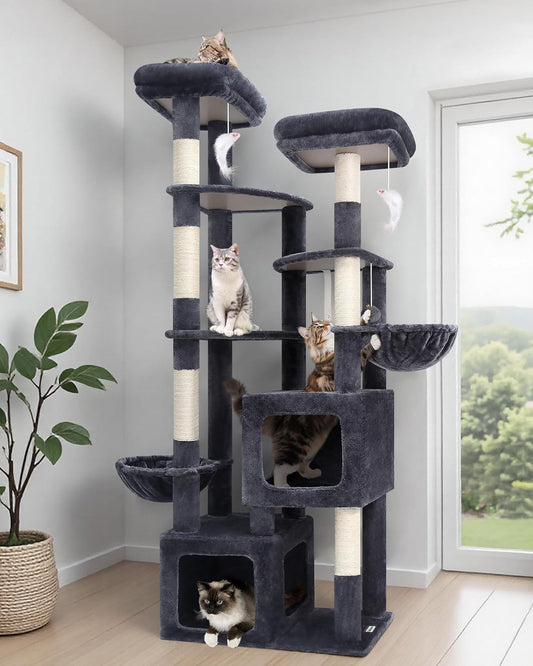 Kattenboom – Krabpaal – Kattenmeubel – Klimpaal – XXL Kattenboom – Donkergrijs – Extra Grote Kattenhuizen 45x40x35 cm – 189 cm Hoog Met 3 Brede Platforms
