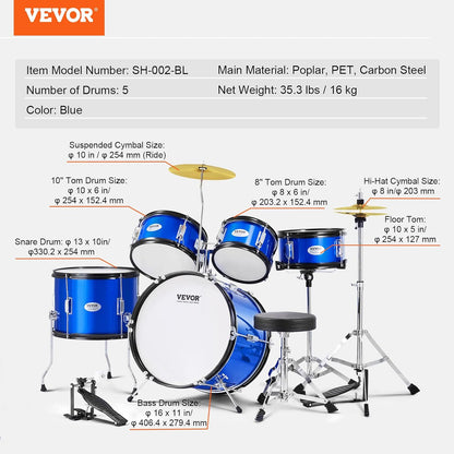 VEVOR 5-delige 40,6 cm Beginner Volledige Set met Bass Toms Snare Floor Verstelbare Troon Bekken Hi-Hat Pedaal en Twee Paar Drumsticks, Starter Drumkit voor Kind Kinderen, Blauw (SH-002-BL)
