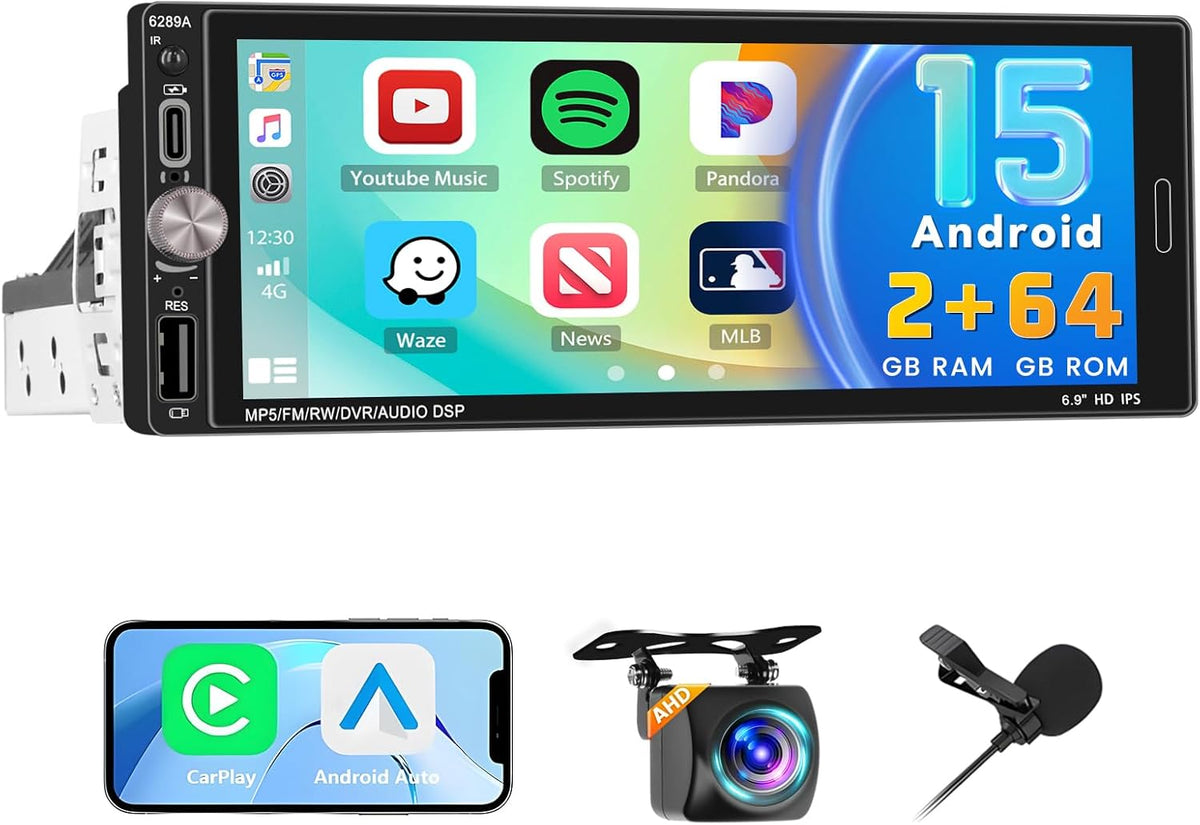 2 + 64 GB Android 1 Din autoradio Wireless Carplay Android Auto, 6,9 inch touchscreen Bluetooth Post Radio Auto met GPS WiFi EQ FM RDS radio, achteruitrijcamera