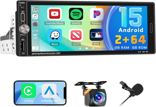 2 + 64 GB Android 1 Din autoradio Wireless Carplay Android Auto, 6,9 inch touchscreen Bluetooth Post Radio Auto met GPS WiFi EQ FM RDS radio, achteruitrijcamera