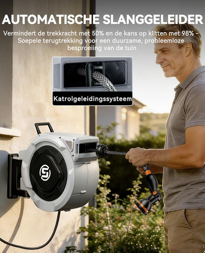 SUNPOW Slanghaspel 30m x 16mm met 10 Standen Sproeikop - Automatisch Langzaam Oprollen, op Elke Lengte te Vergrendelen, 180° Draaibare Koppelingen voor Gazon en Tuin - QUORE