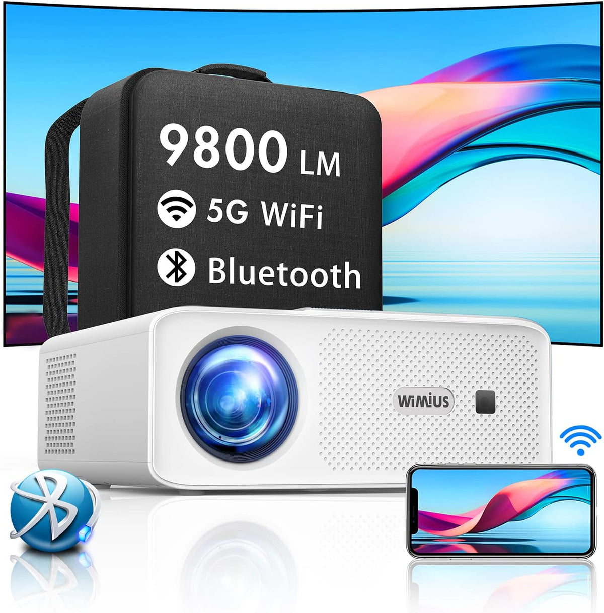 Beamer Full HD 5G WiFi Bluetooth, WiMiUS 9500 lumen 1080p beamer ondersteunt 4K video thuisbioscoop projector