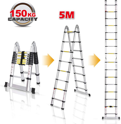 COOCHEER 5 m telescopische ladder, 2-in-1, multifunctionele ladder, inklapbaar, belastbaar tot 150 kg (2,5 + 2,5 m), zilver en zwart