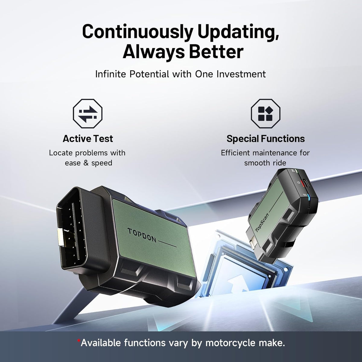 TopScan Motorfiets OBD2 Scanner Diagnostisch Hulpmiddel, Draadloze Motorfiets OBD2 Code Reader Past voor Harley, Ducati, BMW, Alle Systemen Motorbike Scan Tool met Hot Reset Functies, Data Stream