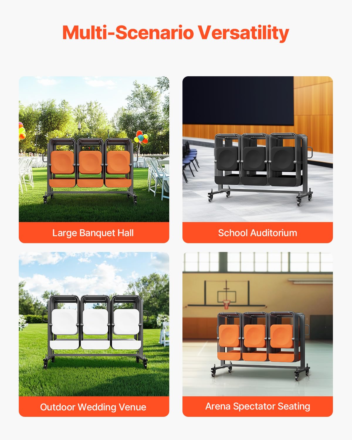 VEVOR Folding Chair Stand, 181 kg Load Capacity, Folding Chair Trolley for 42 Seats or 12 Tables, Multifunctional Chair Trolley with Rubber Wheels and Holders, Large Seat Holder, Matte Black