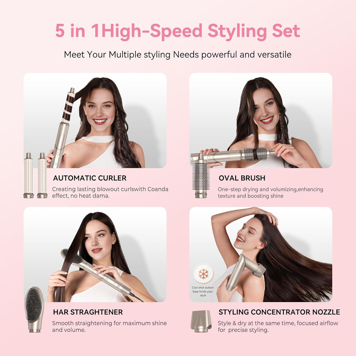 5-In-1 Airstyler Set – Föhnborstel – Warmeluchtborstel – Ronde Borstelföhn – Krultang – 1400 W – Brushless Motor 110.000 Rpm