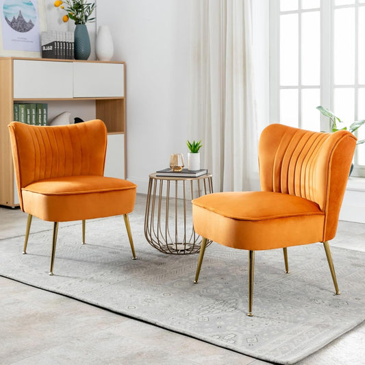 chairus Set of 2 Velvet Tub Chair Unarmed Single Sofa Chair with Metal Legs Upholstered Accent Chair Modern Longue Chair for Balcony Living Room (Orange-2) - QUORE