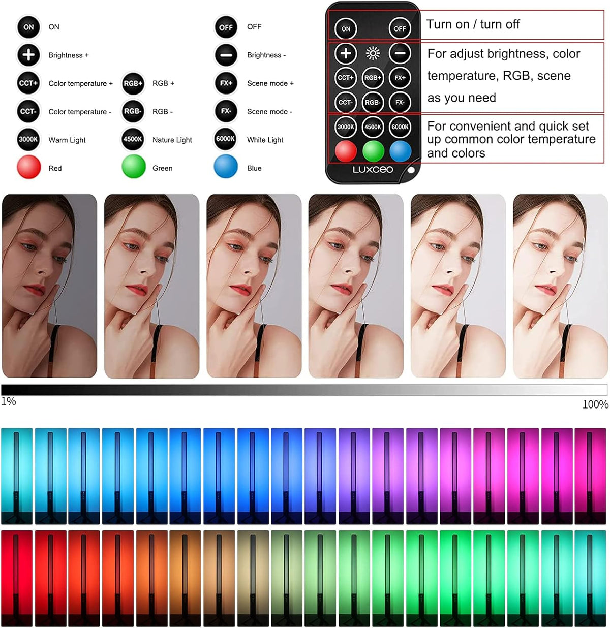 Led-videolamp – 2 stuks RGB videolichtstaaf, led video licht, handheld fotografie licht, camera licht – Met statieven 0,75 m tot 2,08 m – 1000 lumen, instelbare kleurtemperatuur 3000 K tot 6000 K