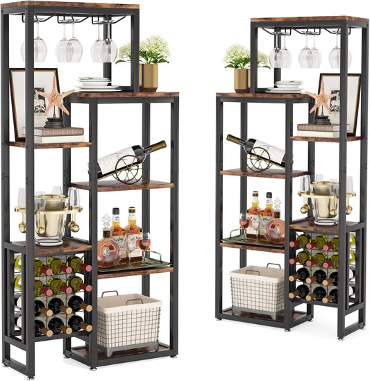 Tribesigns 2 Pcs Freestanding Floor Wine Rack - 5 Tier Wine Display Shelf with Glass Holder and Storage, Industrial Bar Cabinet for Kitchen, Dining Room (Rustic Brown)