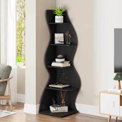Tribesigns Corner Shelf, 178 cm High, Storage Shelf, Bookcase, Plant Stand, Organizer, 5 Levels, Modern, for Home, Office, Living Room, Bedroom, Balcony, Black, 1 Piece