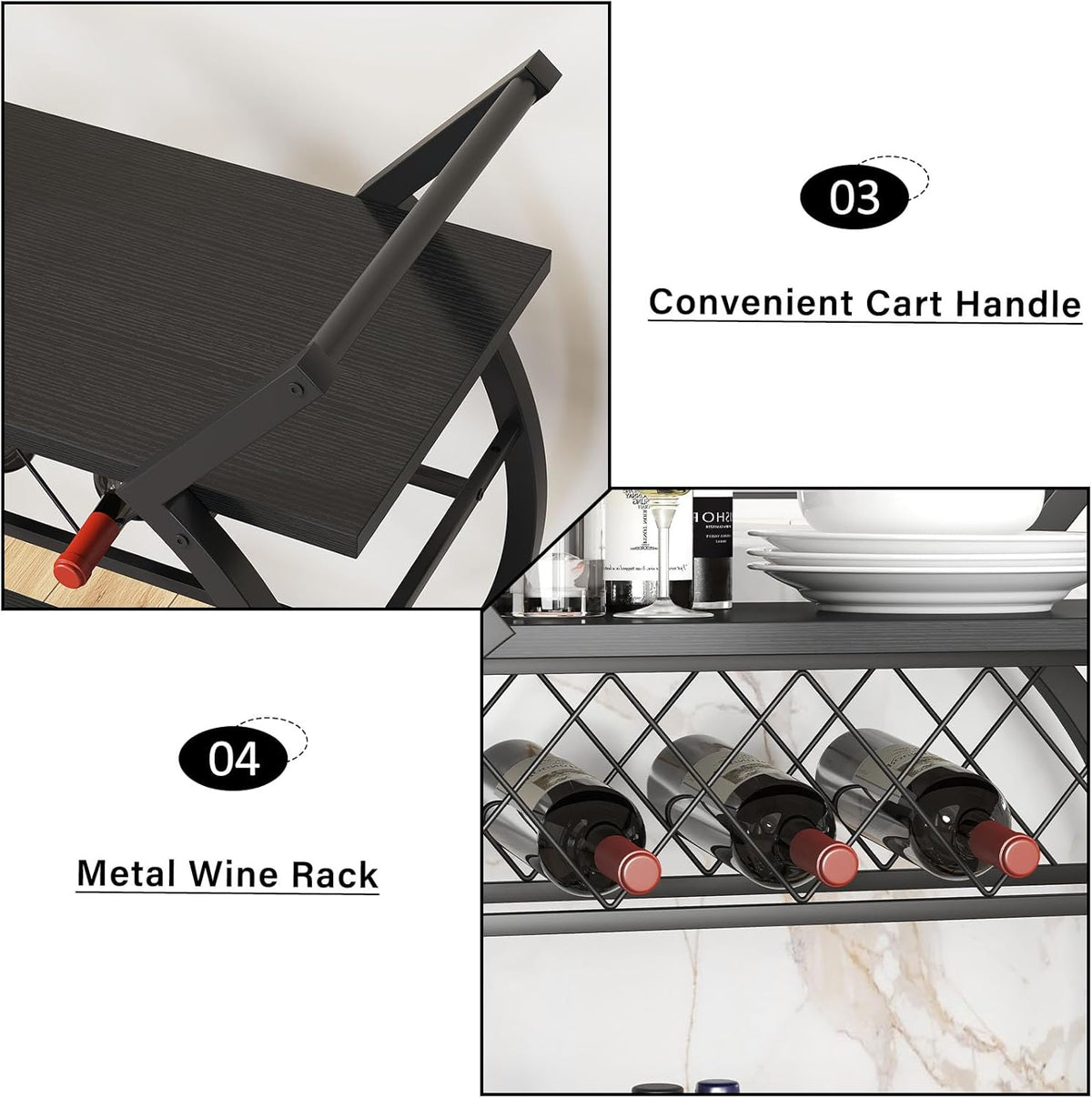 LVB Drankenkar zwart, moderne barwagen, hout en metaal combinatie, 4 draaibare wielen, opbergrek, ideaal voor salon of dining