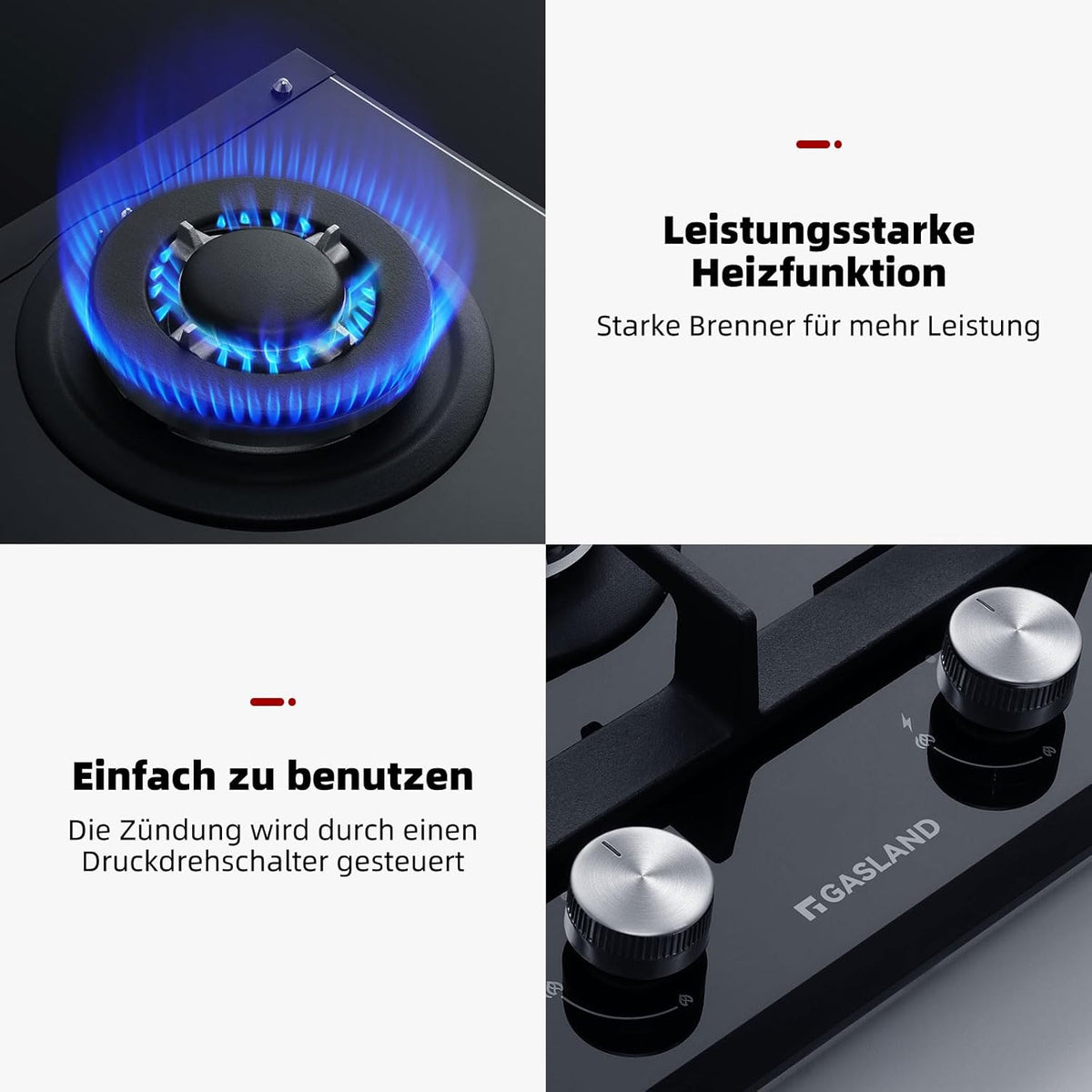 GASLAND GH2302BG1FC Glazen gaskookplaat 2 pits, butaangas kookplaat met wokbrander, inbouw gaskookplaat, 30 cm zwart glazen fornuis, gasfornuis 5200 watt, LPG/aardgas