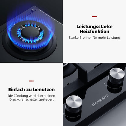 GASLAND GH2302BG1FC Glazen gaskookplaat 2 pits, butaangas kookplaat met wokbrander, inbouw gaskookplaat, 30 cm zwart glazen fornuis, gasfornuis 5200 watt, LPG/aardgas