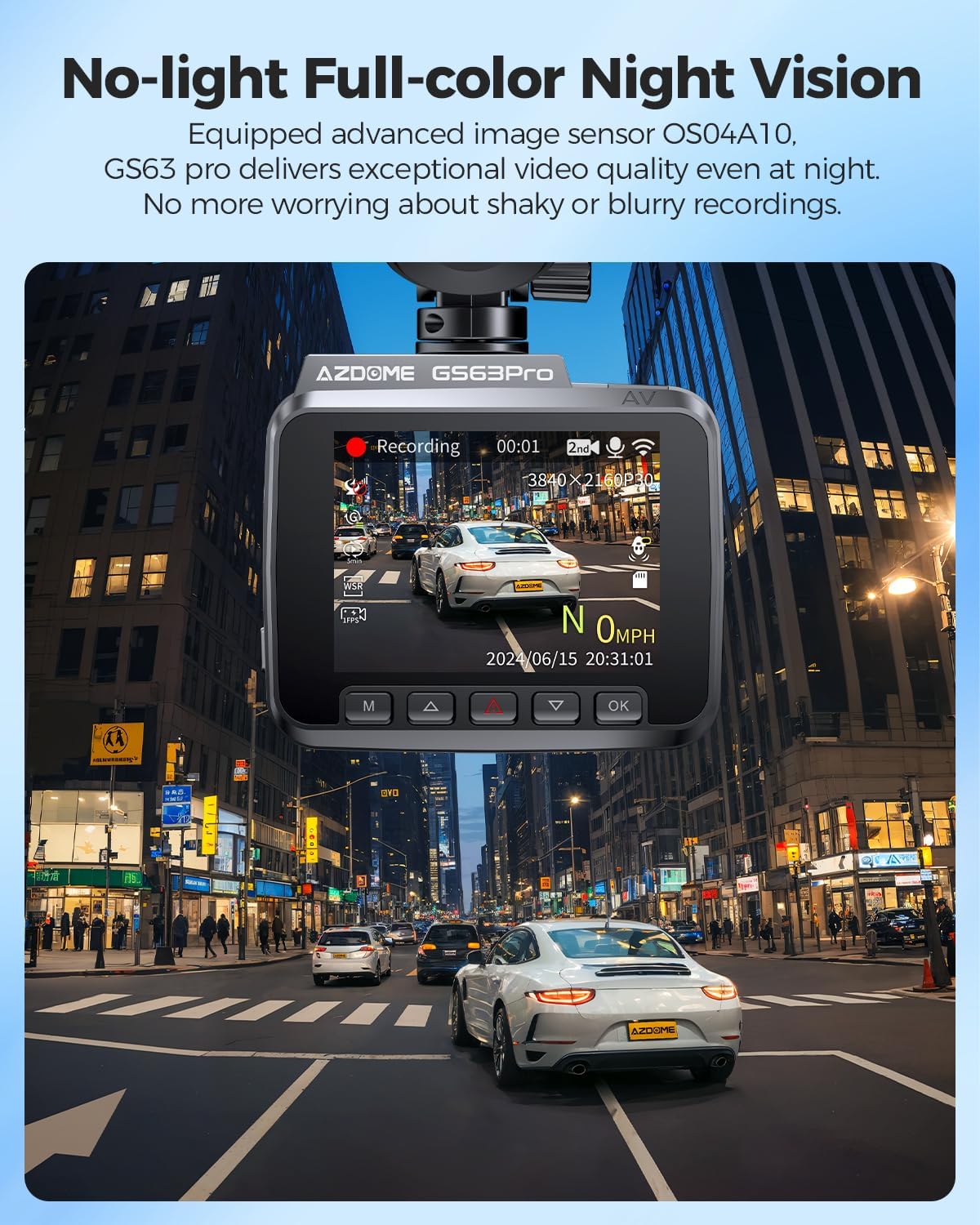 AZDOME 4K + 1080P autocamera, 5Ghz WiFi, 4K dashcamera aan de voorkant, ADAS, 128GB eMMC, HDR nachtzicht, GPS, parkeergroothoeklusopnamemodus (GS63Pro)