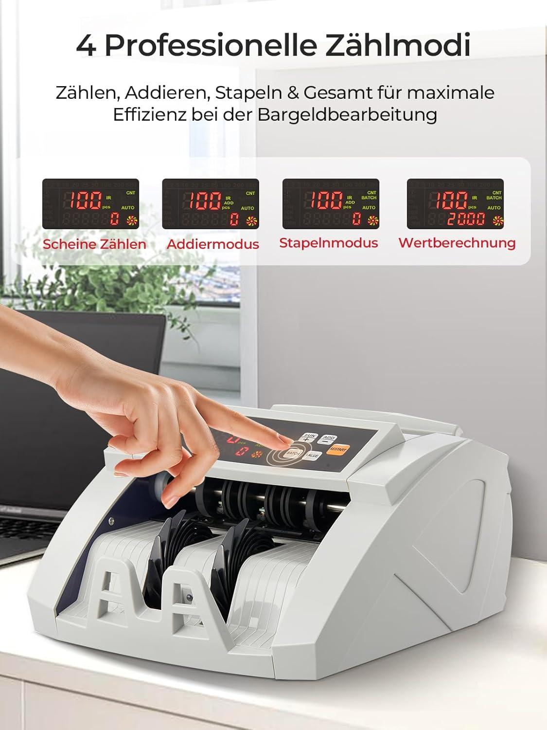 FOHERE Geldtelmachine, professionele geldteller met UV/MG/IR/DD vervalsingsherkenning, 1100 bankbiljetten/minuut, lcd-display, waarde- en batchmodus voor winkels, banken en restaurants