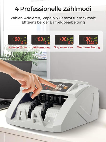 FOHERE Geldtelmachine, professionele geldteller met UV/MG/IR/DD vervalsingsherkenning, 1100 bankbiljetten/minuut, lcd-display, waarde- en batchmodus voor winkels, banken en restaurants