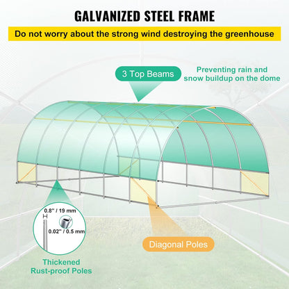 VEVOR Arched roof greenhouse 6.1 x 3 x 2.1 m film greenhouse galvanised steel frame and PE tarpaulin greenhouse tunnel waterproof and UV-resistant tomato greenhouse ideal for growing vegetables flowers