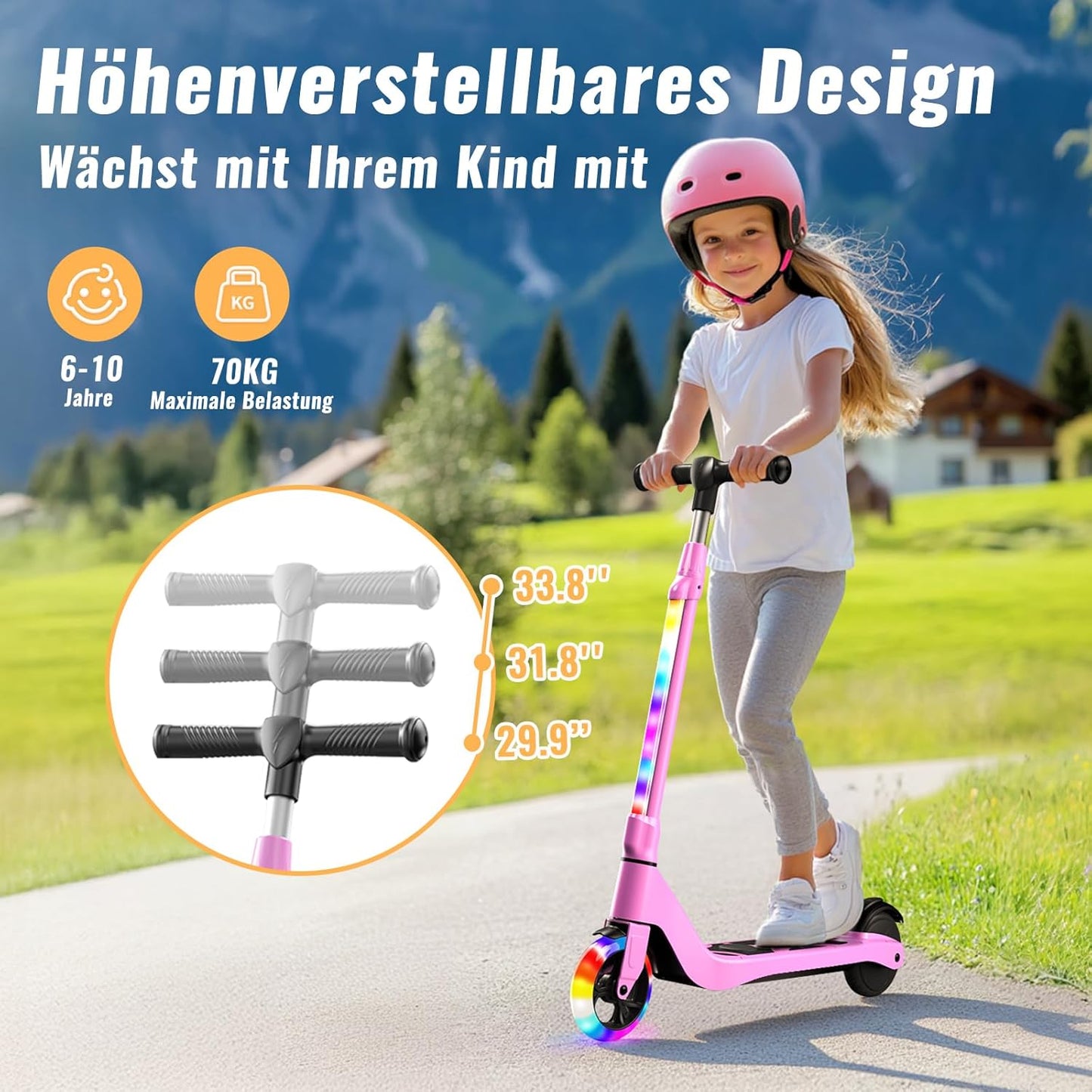TST E-step voor kinderen van 6 tot 10 jaar, 5,3 inch (13,5 cm) met knipperende ledlampen en 3 instelbare hoogtes, 45 W motor, max. 10 km/u, maximale belasting 70 kg, elektrische step