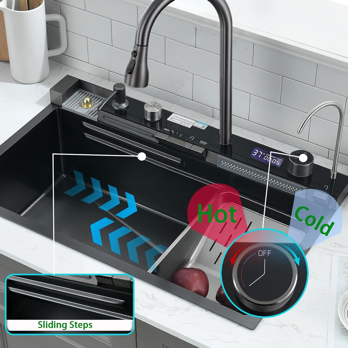 304 Roestvrij Staal Keuken Spoelbak, 80x45x21cm Zwarte Enkele Kom Multifunctionele Waterval Sink