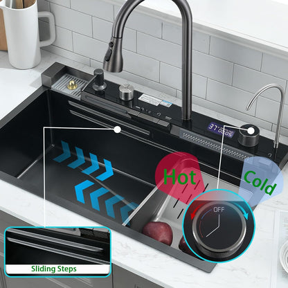 304 Roestvrij Staal Keuken Spoelbak, 80x45x21cm Zwarte Enkele Kom Multifunctionele Waterval Sink