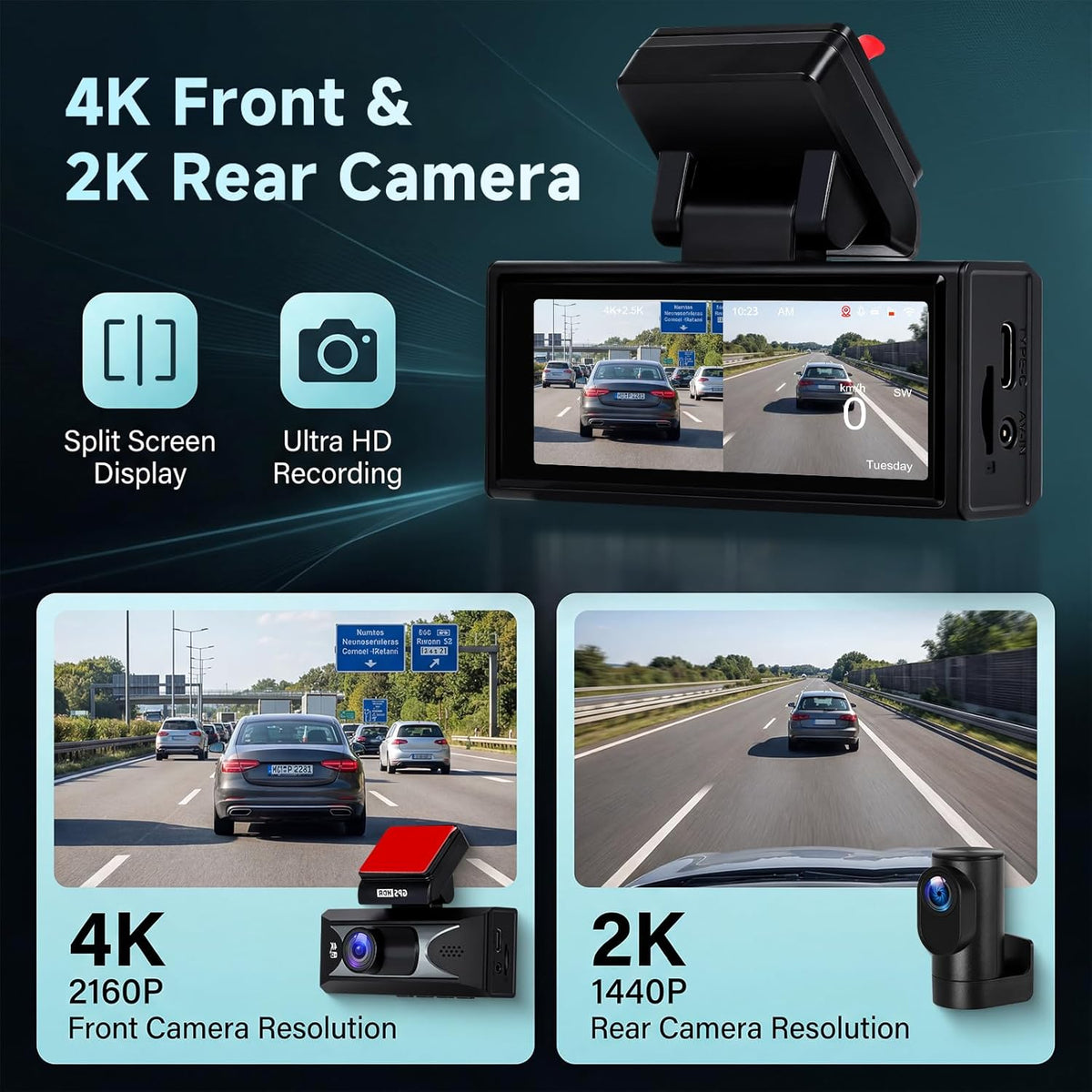 Hodozzy 4K Dashcam met voor- en 2,5 K achteruitrijcamera, 3,16 inch IPS-scherm, dashcam voor auto, 5,8 GHz wifi-app-bediening, ADAS, BSD LCA, nachtzicht, G-sensor, loop-opname, parkeermodus-monitor