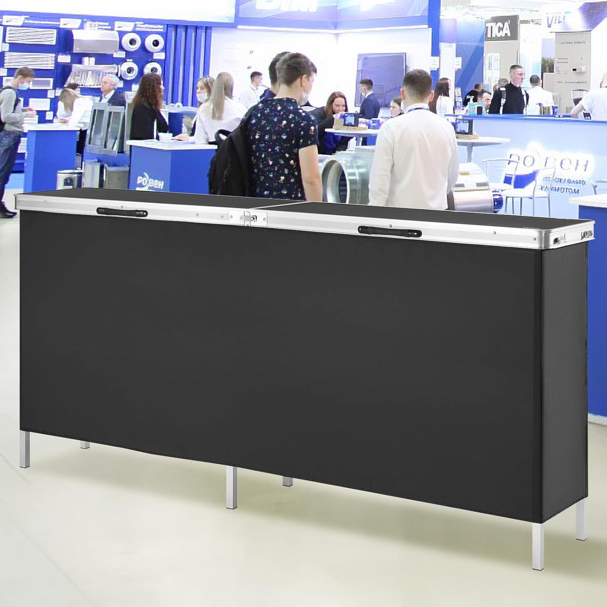 VEVOR Stand voor beurzen, woonkamer, 195 x 38,5 x 88 cm, extra lange en draagbare opvouwbare bartafel met draagtas, opbergrek en zwarte rok, voor feest, picknick, commerciële tentoonstelling