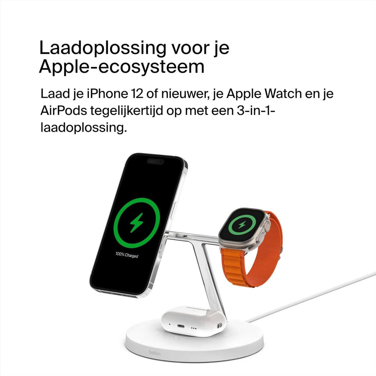 Belkin MagSafe 3-in-1 draadloze oplader, 15W-snellader voor iPhone, Apple Watch, AirPods-laadstation, draadloze oplader voor iPhone 16, 15, 14, Plus, 13, 12, Pro, Max, Mini, Apple Watch, AirPods - Wit