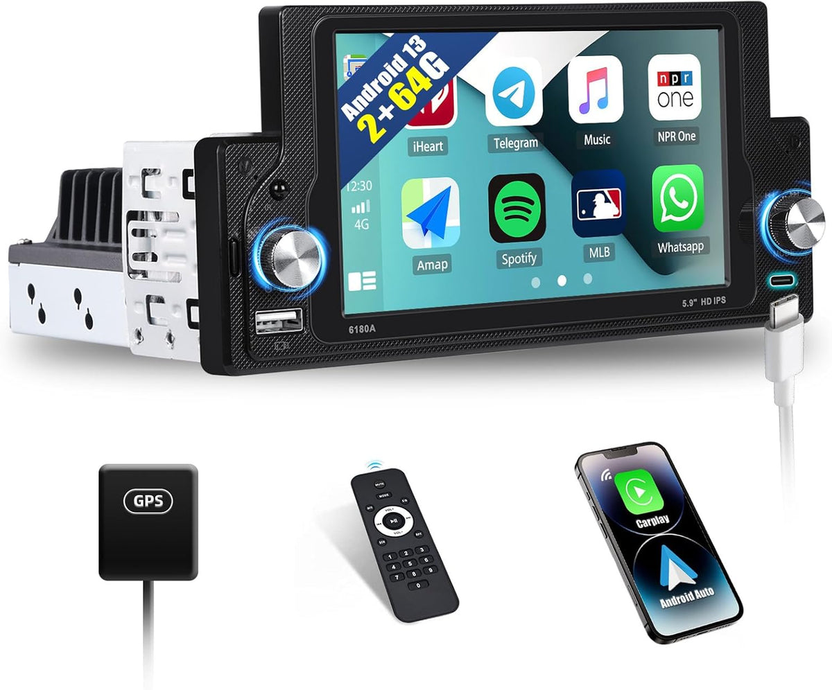 [2 + 64G] SIXWIN Android 13 autoradio 1 DIN met fysieke toetsen, 5,9 inch capacitief touchscreen wifi/GPS/FM/RDS/Bluetooth/SWC