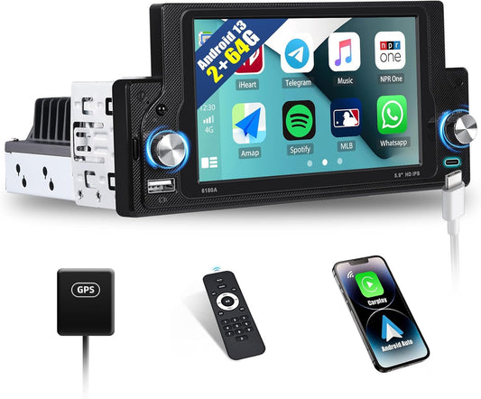 [2 + 64G] SIXWIN Android 13 autoradio 1 DIN met fysieke toetsen, 5,9 inch capacitief touchscreen wifi/GPS/FM/RDS/Bluetooth/SWC