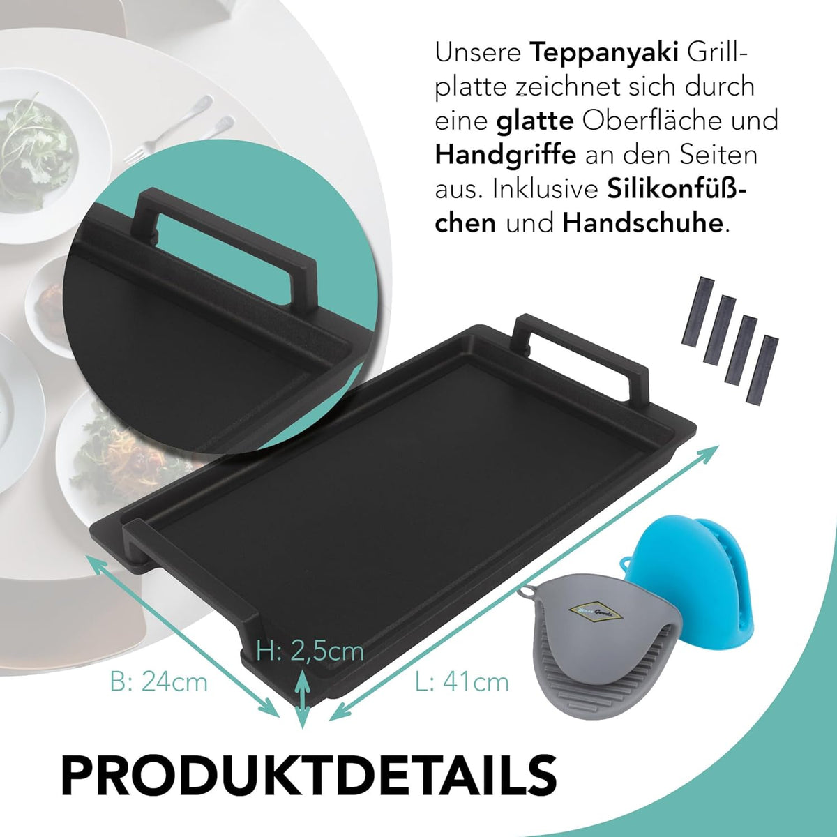 Gegoten aluminium grillplaat Teppanyaki (41 x 24 x 2,5 cm) voor inductie en alle gangbare kookplaten - keramisch oppervlak - anti-aanbaklaag - antislip - Made in Germany - PFOA-vrij