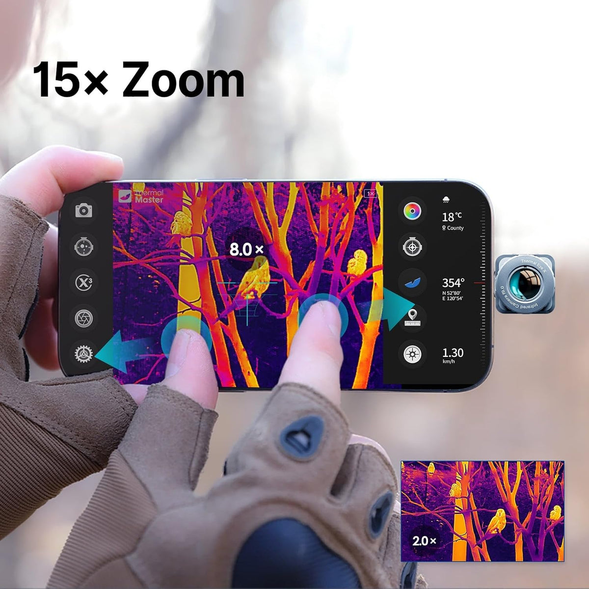 Warmtebeeldcamera X2 thermische camera 256 x 192, super IR-resolutie 512 x 384 infraroodcamera met verstelbare lens outdoor warmtebeeldmonoculair 15x zoom 50Hz voor vogelobservatie