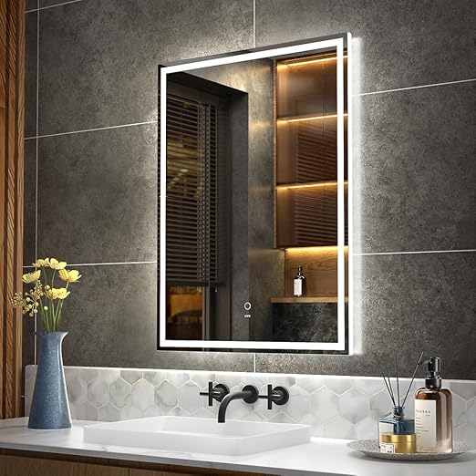 KWW 60 x 80cm LED Sensor Bathroom Vanity Mirror, Adjustable Color Temperature, Wall Mounted, Anti-Fog Dimmable Lighting, Makeup Mirror with Smart Touch Button (Horizontal/Vertical) - QUORE