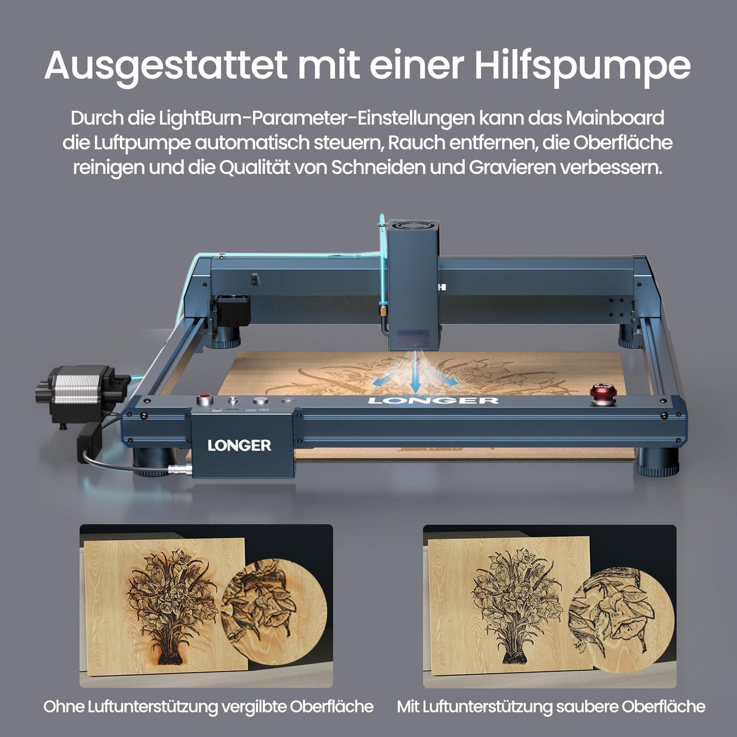 Longer Laser B1 Lasergraveermachine, 20 W, met automatische luchtondersteuning, ideaal voor doe-het-zelfwerkzaamheden op hout, metaal, papier, acryl, glas en leer, werkblad 450 x 440 mm