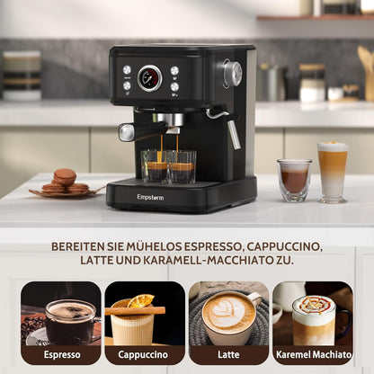 Empstorm Espressomachine, 20 bar, zeefvoermachine met melkstoomstaaf, 2-in-1 functie voor koffiecapsules en gemalen koffie, latte en cappuccinomachine, perfect voor thuis