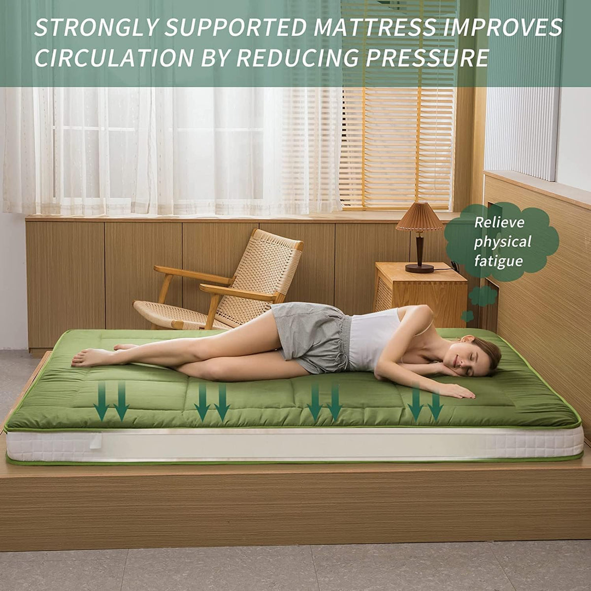 Maxyoyo Futon matras, gewatteerde Japanse vloermatras, gewatteerd, extra dik opvouwbaar slaapkussen, ademend vloerligbed, logeerbed (groen, eenpersoons)